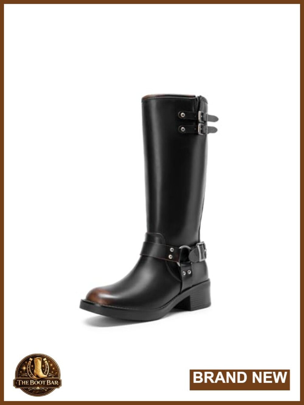 Faux Leather Square Toe Knee High Moto Boots Side Zip Block Heel